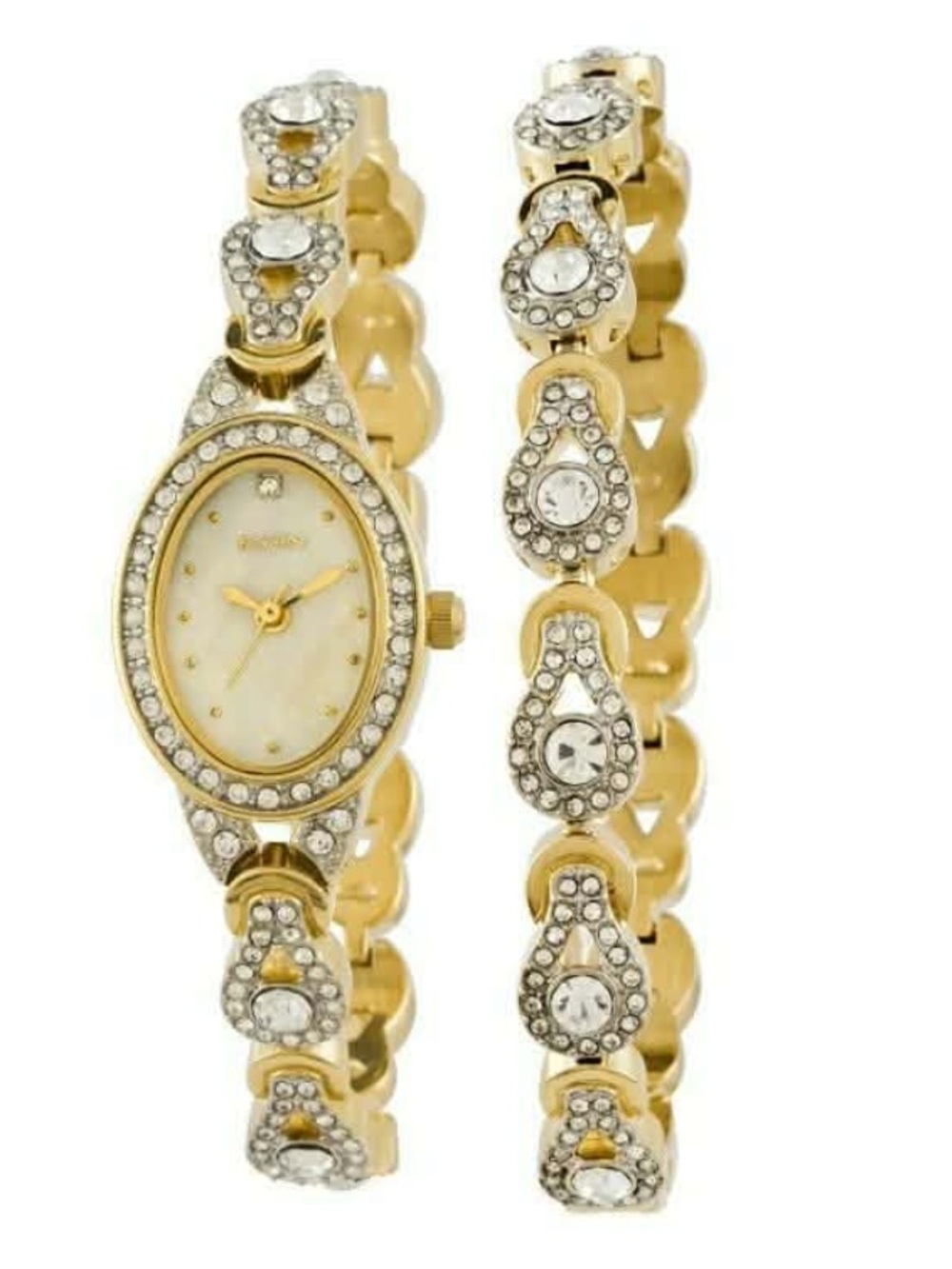 Elgin Adult female Analog Watch 2 pc set- Oval Mother of Pearl dial (EG8013STB)